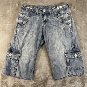 Lucky Brand Crop Cargo Jeans Women 6 28 Blue Distressed Raw Hem Y2K